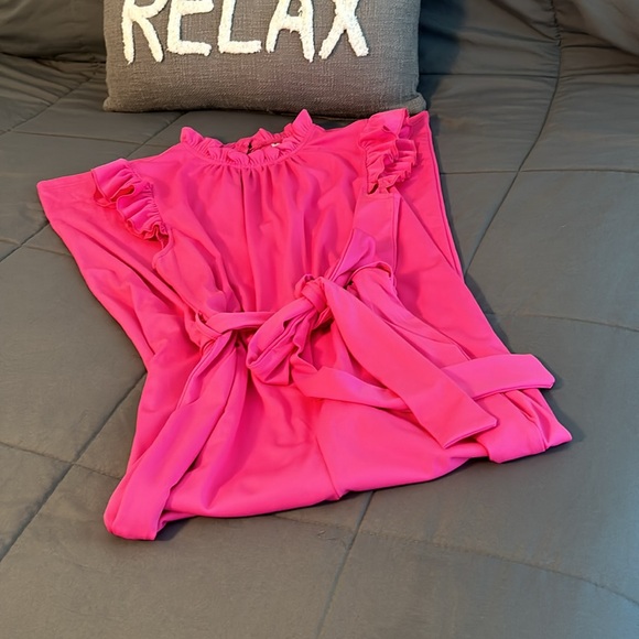 Bougainvillea Pink Ruffle Neck Shoulder Jumpsuit New S Fuchsia Belt Wide Leg - Picture 3 of 5